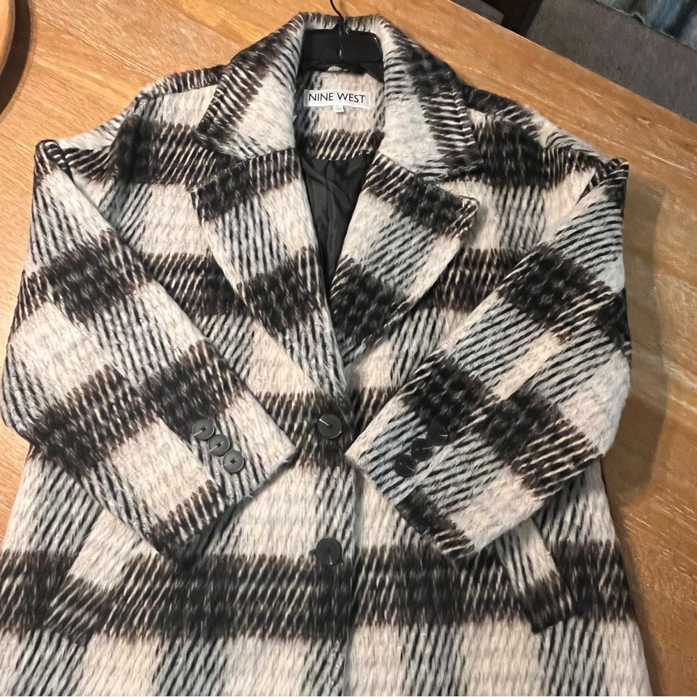 Nine West Women's Black/Brown and White Plaid Coat - Picture 9 of 15